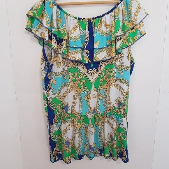 International INC Company Blouse White Blue Green Gold  Ruffled NeckWaist… - Picture 2 of 10